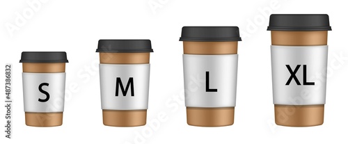 Vector set of different takeaway hot and cold beverage sizes. Paper cup size chart: small, medium, large, extra-large. Coffee to go. Take away. Bar menu