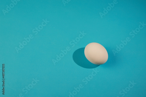 White egg on the blue background in center. Design  visual art  minimalism