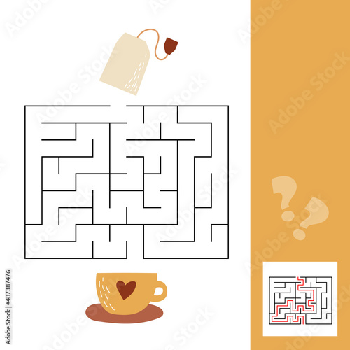 Cup and tea bag. Vector maze game for preschool kids. Simple game for kids with solution