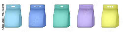 Washing powder packs and bags, laundry detergent package mockup set. Stand-up pouch package. Washing powder bags vector realistic mockup set. Blue, green, purple and yellow packaging