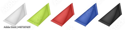 Tetrahedral packaging set. Triangular cardboard package for beverage, juice and milk. Liquid product carton package. Korean cosmetics box. White, green, red, blue and black packing.
