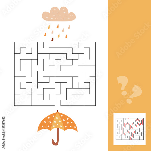 Umbrella and rain - easy maze for younger kids with a solution. Maze game. Kids educational page. Simple labyrinth game