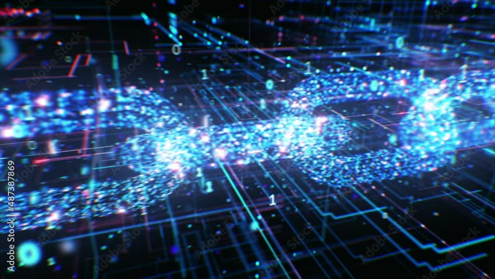 Blockchain Information Data Transaction Process Illustration. Cryptocurrency Block Chain Abstract Structure Network Grid 3d Animation. Crypto Currency Global Cybersecurity Business Concept. 4k UHD.