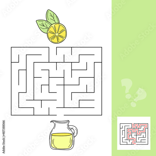 Lemon and lemonade maze game for kids. Labyrinth. Vector illustration on white background. Simple game for kids with solution