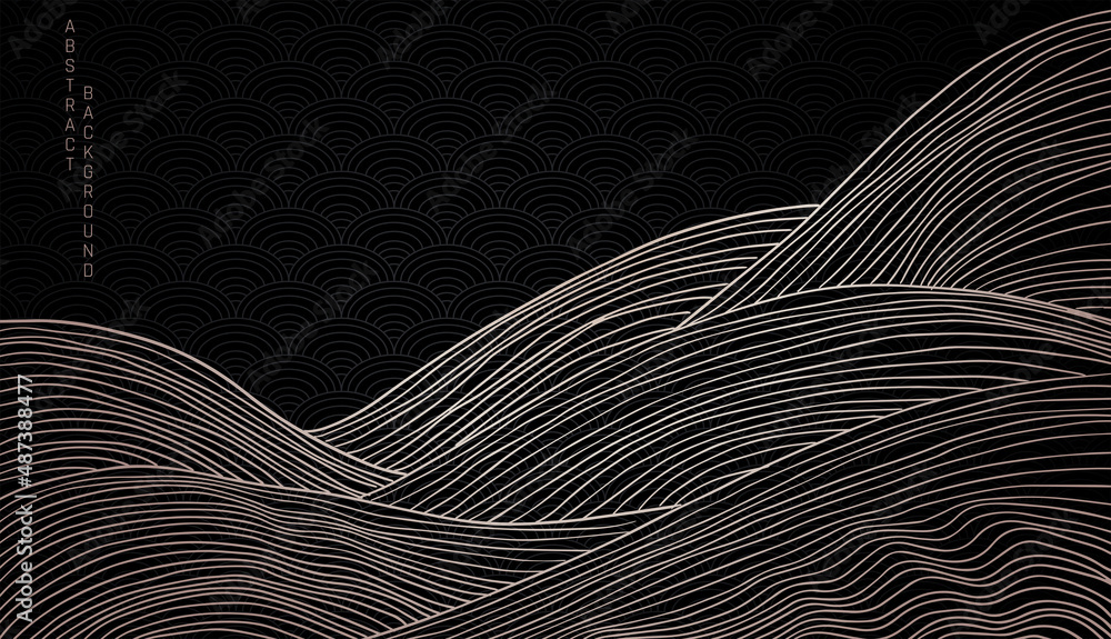 vector abstract japanese style landscapes lined waves in black and gold colours	