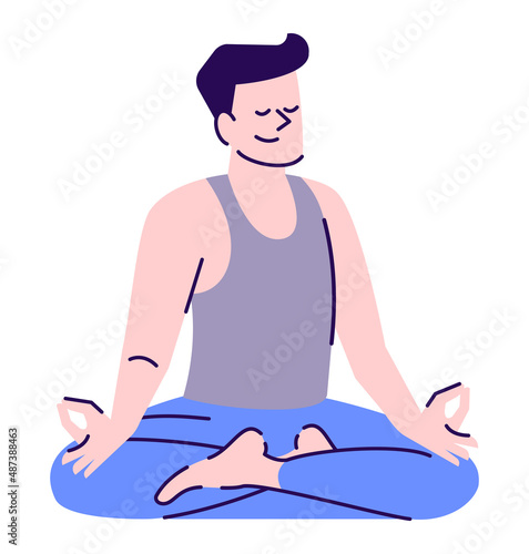 Practicing yoga and meditation at home semi flat RGB color vector illustration. Everyday stress management. Relaxed man sitting in lotus pose isolated cartoon character on white background