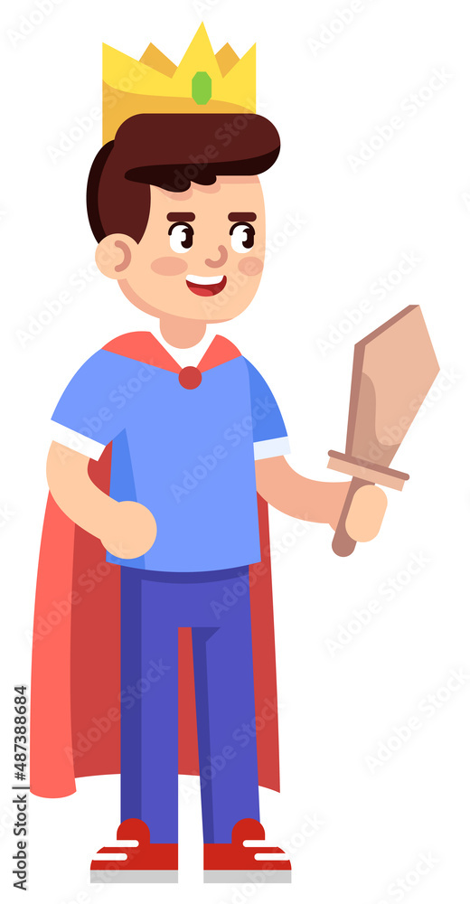 Imaginative play in preschool semi flat RGB color vector illustration. Smiling figure. After school activity. Little boy pretending king isolated cartoon character on white background Imaginative play in preschool semi flat RGB color vector illustration. Smiling figure. After school activity. Little boy pretending king isolated cartoon character on white background