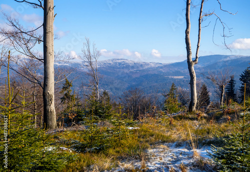 The beginning of winter in the Silesian Beskids. Poland, Panorama
