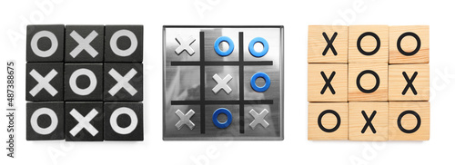 фотографія Tic tac toe sets on white background, collage. Banner design