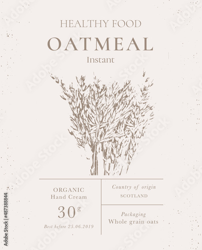 Set of customizable oatmeal labels of Natural healthy food. Cereal oat products packaging templates. Contemporary design for Cosmetics, Pharmacy, bakery