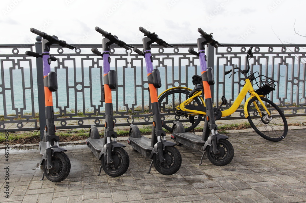 electric scooters on the sea embankment for rent