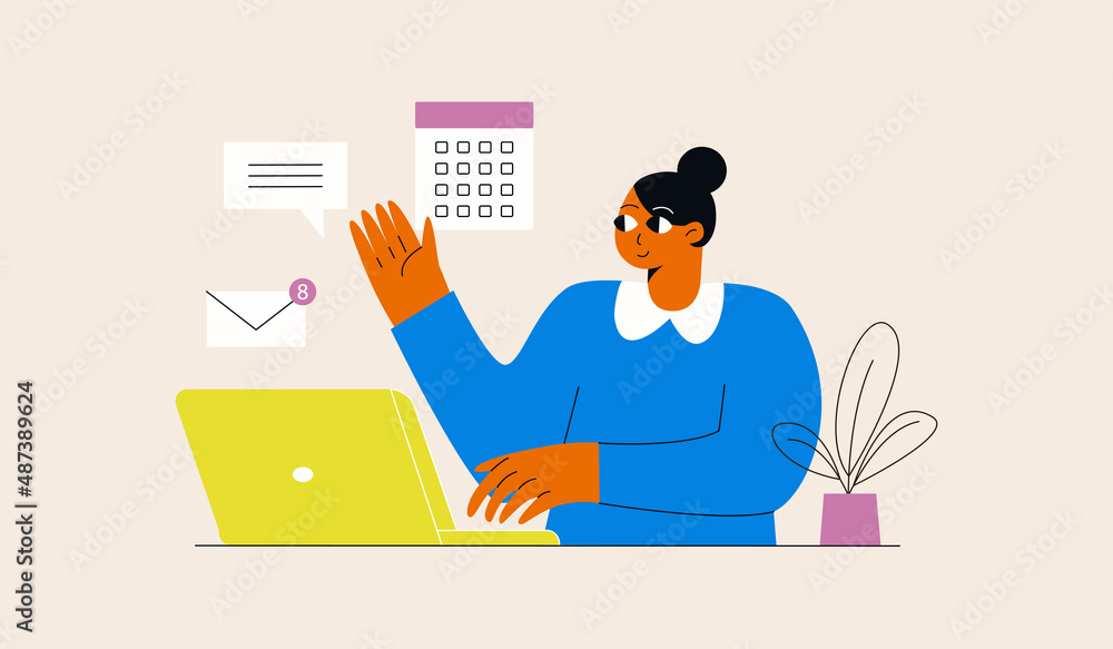 Woman in various activities of online business, communication, marketing. Freelance worker. Multitasking, time management and productivity concept. Modern vector style for graphic and web design.