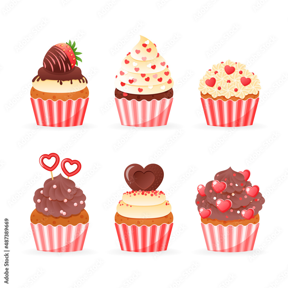 Set of cute Valentine's day cupcake icon. Cartoon illustration of sweet muffins decorated with a cream and hearts. Vector 10 EPS. Set of cute Valentine's day cupcake icon. Cartoon illustration of sweet muffins decorated with a cream and hearts. Vector 10 EPS.