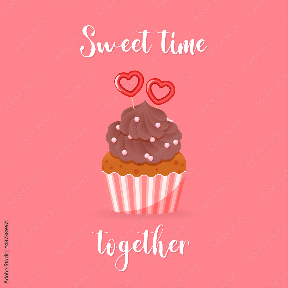 Sweet time together card. Cartoon illustration of cupcake decorated with a cream and hearts. Valentine's day concept. Vector 10 EPS.
Sweet time together card. Cartoon illustration of cupcake decorated with a cream and hearts. Valentine's day concept. Vector 10 EPS.