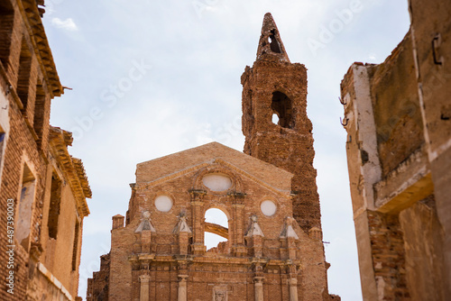 Photograph of the church of Belchite bombed in the Spanish civil war on a sunny day with a clear blue sky