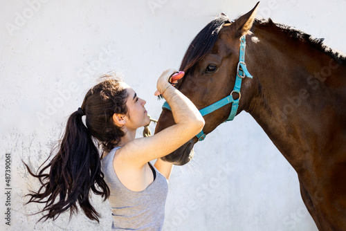 Portrait of a beautiful white woman brushing and taking care of her bay Spanish horse on a sunny afternoon with a white wall in the background