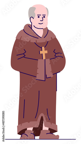 Medieval monk semi flat RGB color vector illustration. Standing figure. Worshiping in church. Live action role playing game. Medieval period person isolated cartoon character on white background