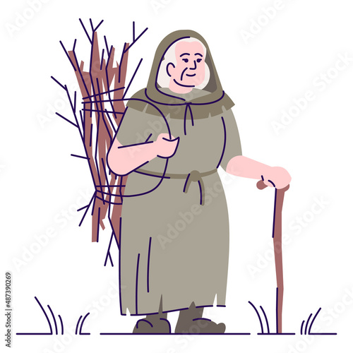 Peasant woman with brushwood semi flat RGB color vector illustration. Standing figure. Live action role playing game. Medieval period person isolated cartoon character on white background