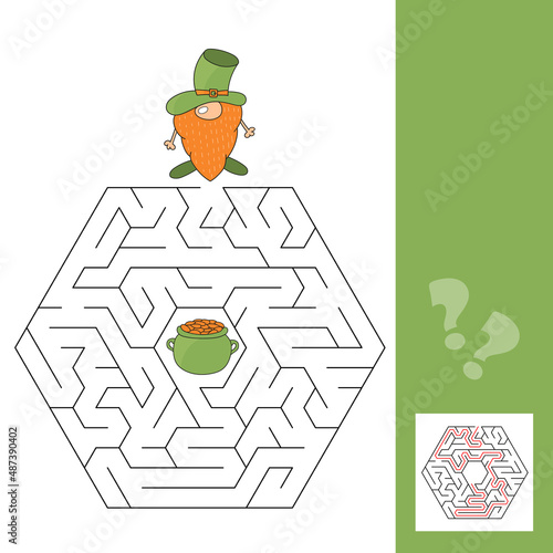Maze game for kids. Help gnome leprechaun to find his way to the pot of gold. Game for children with answer