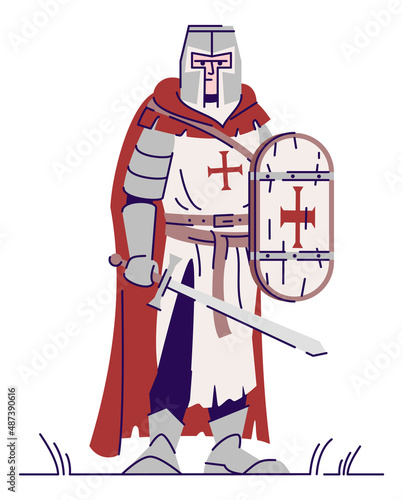 Threatening templar knight semi flat RGB color vector illustration. Standing figure. Live action role playing game. Medieval period person isolated cartoon character on white background