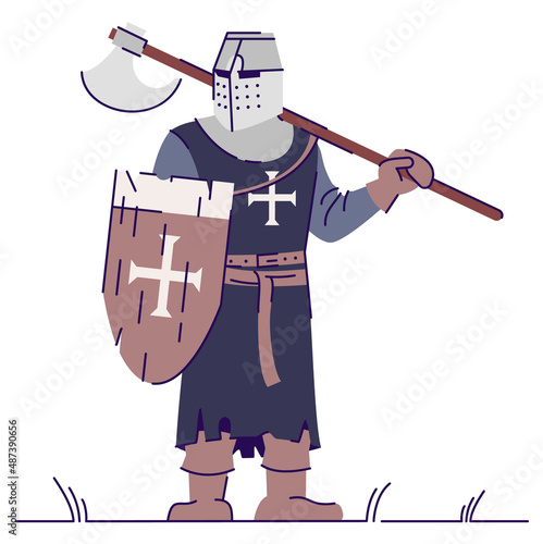 Templar knight with battle axe semi flat RGB color vector illustration. Posing figure. Live action role playing game. Medieval period person isolated cartoon character on white background
