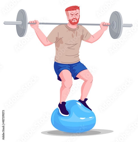 Man obsessed with gym semi flat RGB color vector illustration. Struggling figure. Exercise obsession. Person with addictive personality isolated cartoon character on white background