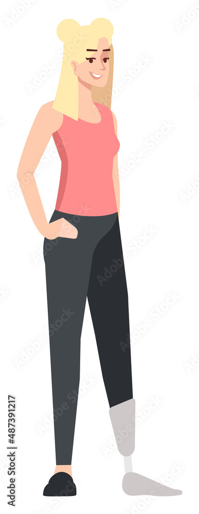 Smiling girl with prosthetic leg semi flat RGB color vector illustration. Posing figure. Self-acceptance. Person promoting body positivity approach isolated cartoon character on white background Smiling girl with prosthetic leg semi flat RGB color vector illustration. Posing figure. Self-acceptance. Person promoting body positivity approach isolated cartoon character on white background