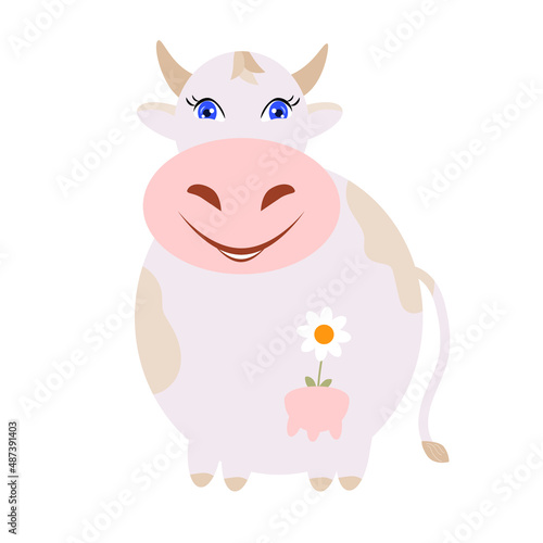 Cartoon cow with chamomile. Vector illustration