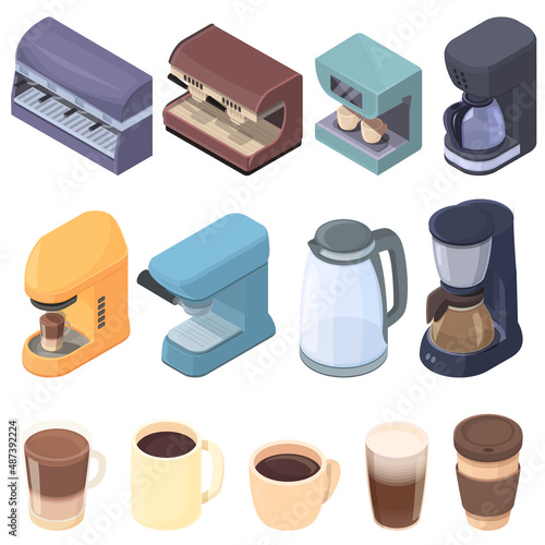 isometric set of coffee machines and coffee mugs, illustration vector