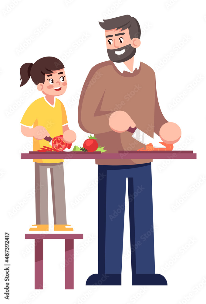 Father with daughter cutting ingredients for salad semi flat RGB color vector illustration. Dad arranging cooking class for kid at home isolated cartoon characters on white background Father with daughter cutting ingredients for salad semi flat RGB color vector illustration. Dad arranging cooking class for kid at home isolated cartoon characters on white background