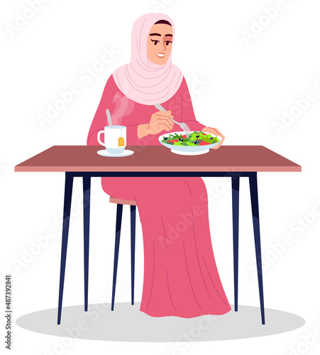 Smiling lady eating healthy salad semi flat RGB color vector illustration. Foodie lifestyle. Healthy appetite. Person eating out alone isolated cartoon character on white background