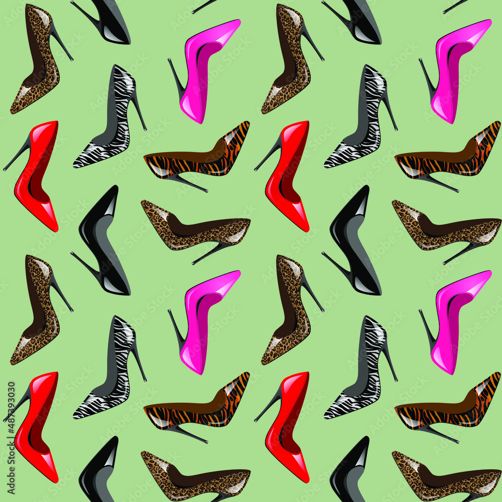 Obraz premium Women's high heel shoes with prints of different colors on a green background. Seamless pattern, vector illustration