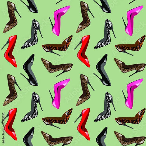 Women's high heel shoes with prints of different colors on a green background. Seamless pattern, vector illustration