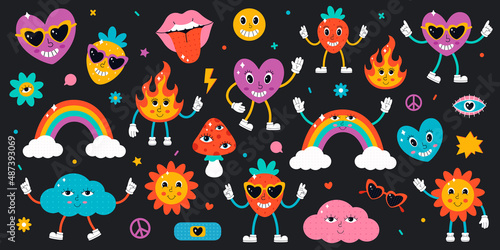 Big set of cute characters and elements in 90s style. Hippie, psychedelic, groove, retro and vintage style. Vector illustration