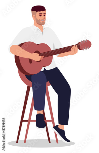 Bearded man playing guitar in public semi flat RGB color vector illustration. Sitting on stool figure. Music classes. Guy performing live music isolated cartoon character on white background