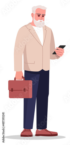 Grey bearded businessman semi flat RGB color vector illustration. Standing figure. Middle aged boss. Successful mature man. Elderly office worker isolated cartoon character on white background