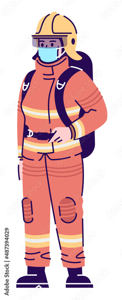 Front-line emergency semi flat RGB color vector illustration. Standing figure. Preventative measures. Female firefighter wearing uniform and mask isolated cartoon character on white background