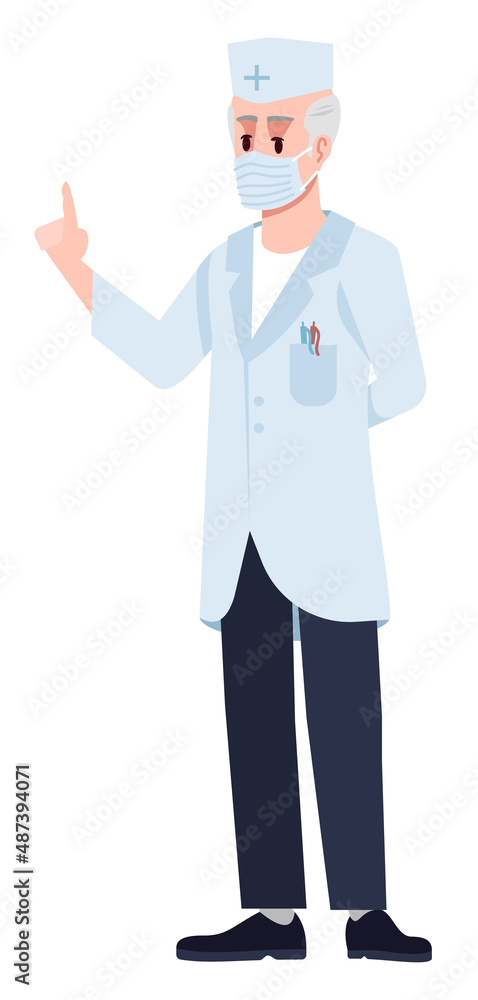 Giving instructions to patients semi flat RGB color vector illustration. Posing figure. Preventative measures. Elderly doctor wearing face mask isolated cartoon character on white background Giving instructions to patients semi flat RGB color vector illustration. Posing figure. Preventative measures. Elderly doctor wearing face mask isolated cartoon character on white background