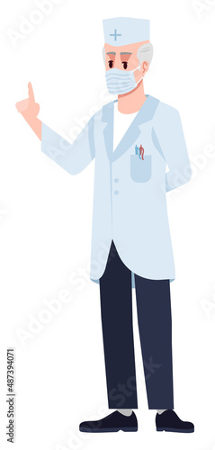 Giving instructions to patients semi flat RGB color vector illustration. Posing figure. Preventative measures. Elderly doctor wearing face mask isolated cartoon character on white background