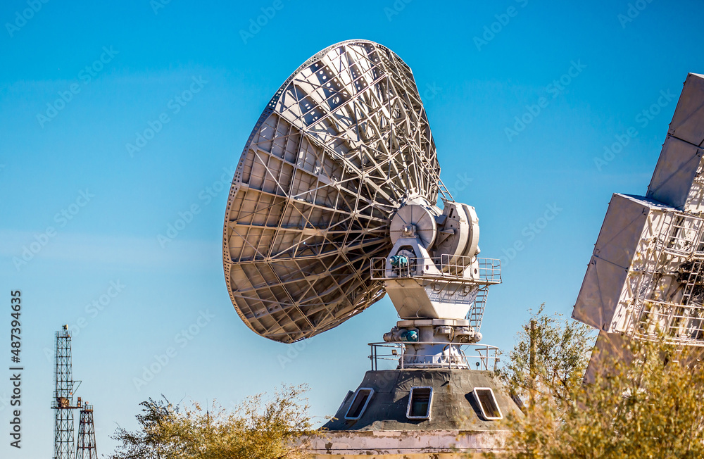 Antenna at the spaceport. The tracking center at the Baikonur ...