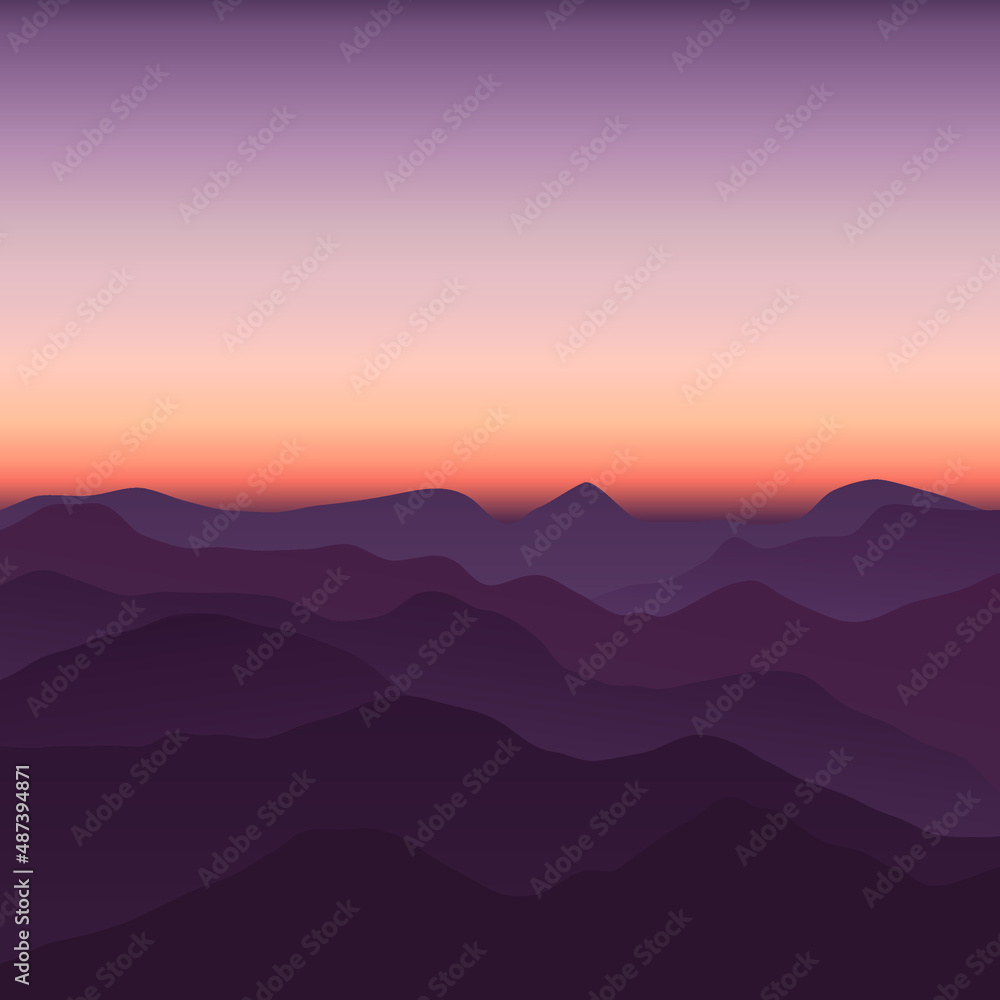 Flat landscape with hills against the sunset sky in purple shades. Minimalistic trending landscape