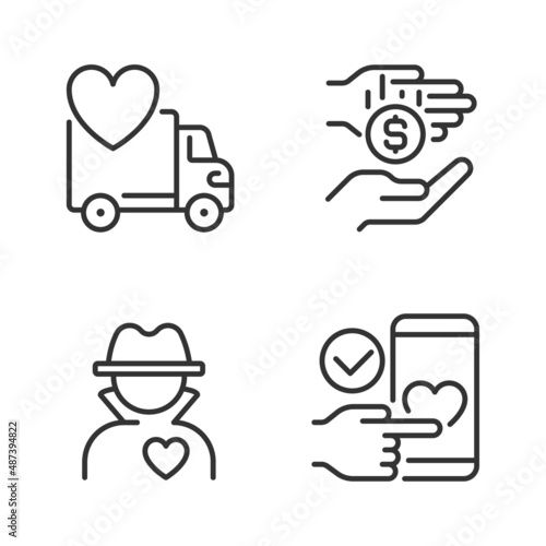 Public charity pixel perfect linear icons set. Donating motor vehicle. Microphilanthropy. Anonymous donor. Customizable thin line symbols. Isolated vector outline illustrations. Editable stroke