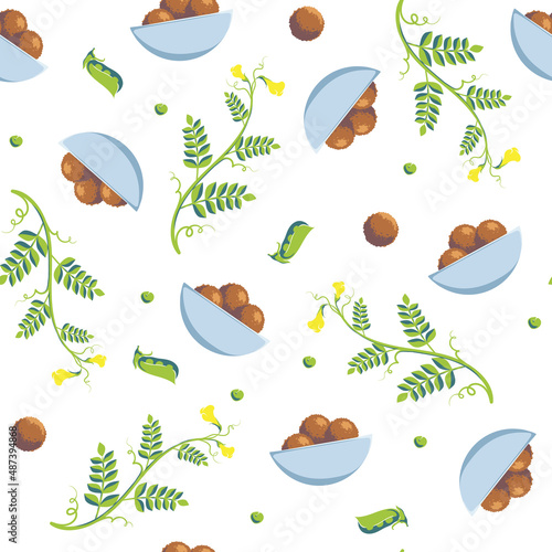 Falafel balls on a plate among chickpea leaves Seamless pattern. Painted sketch. Vector illustration