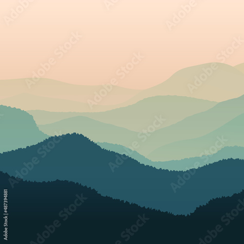 Flat landscape with green hills against pink sky background. Minimalistic trending landscape