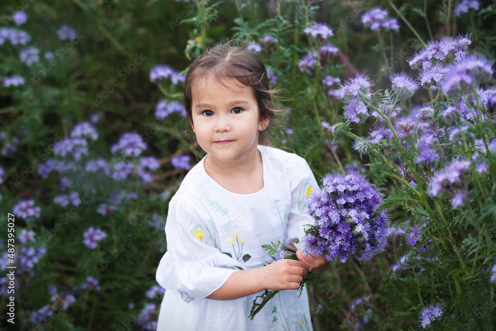 Portrait of a little cute girl in the purple phacelia flowers field at sunset Portrait of a little cute girl in the purple phacelia flowers field at sunset