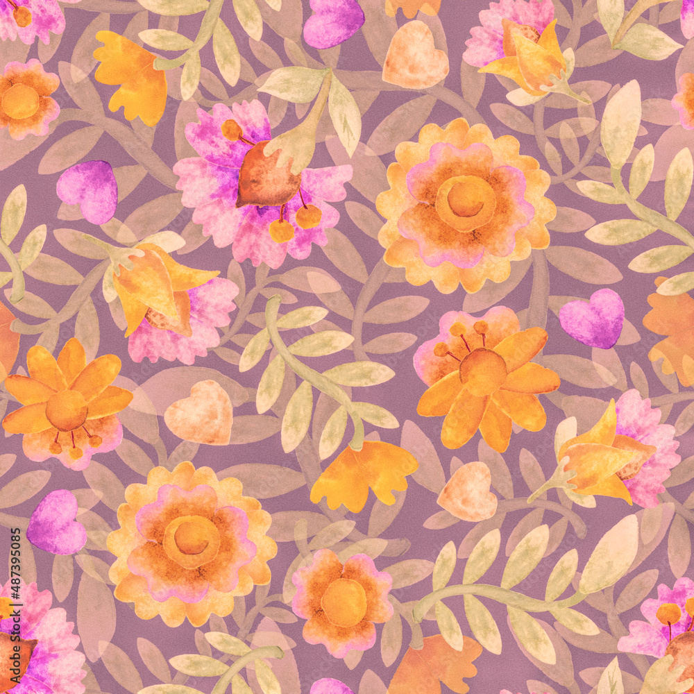 Seamless pattern. Floral ornament. Watercolor pink and yellow flowers. Background for packaging, wrappers, textiles, postcards. Printing on fabric and paper.
