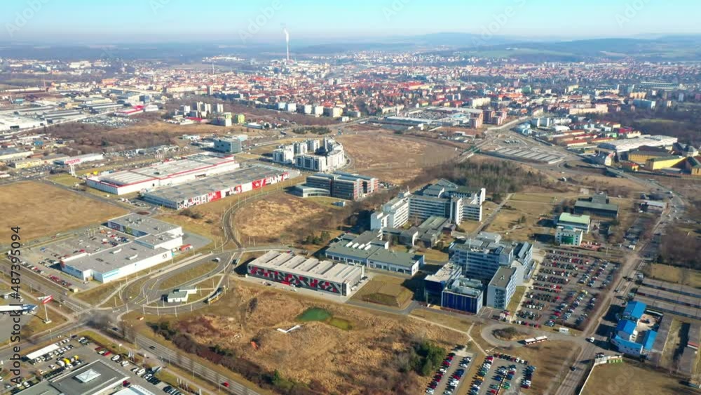 Aerial view to industrial zone and technology park on Bory suburb of Pilsen city in Czech Republic, Europe. European industry from aircraft. Aerial view to industrial zone and technology park on Bory suburb of Pilsen city in Czech Republic, Europe. European industry from aircraft.