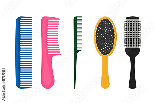 Various combs set of hairdresser. Hair care, combing, styling. photo