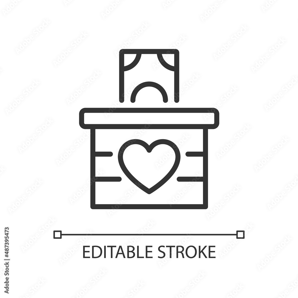Money donation pixel perfect linear icon. Cash charitable contributions. Generous benefaction. Thin line illustration. Contour symbol. Vector outline drawing. Editable stroke. Arial font used Money donation pixel perfect linear icon. Cash charitable contributions. Generous benefaction. Thin line illustration. Contour symbol. Vector outline drawing. Editable stroke. Arial font used