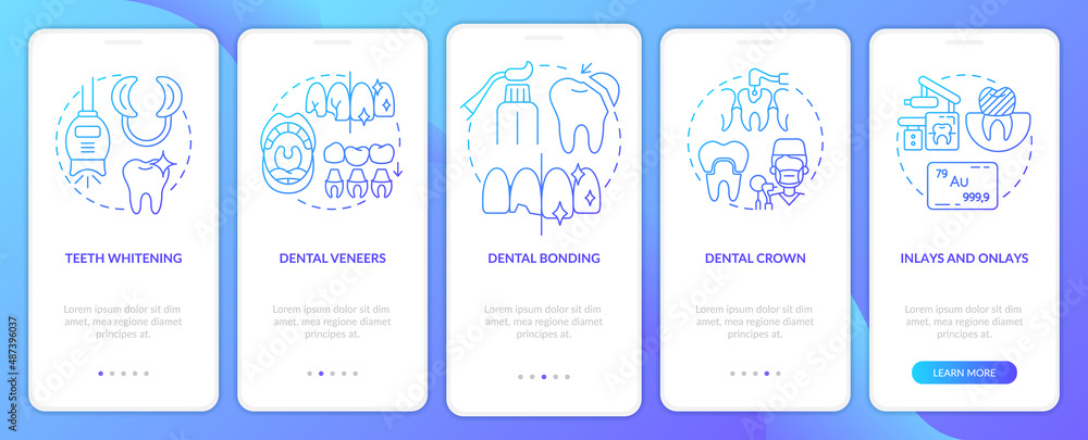 Cosmetic enhancement types blue gradient onboarding mobile app screen. Walkthrough 5 steps graphic instructions pages with linear concepts. UI, UX, GUI template. Myriad Pro-Bold, Regular fonts used